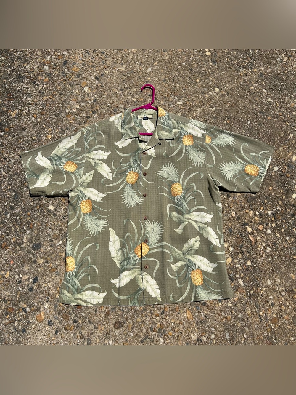 Tommy Bahama Silk Olive Green Pineapple Camp Shirt with Yellow Accents